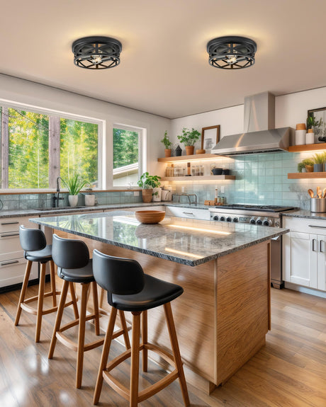 VONLUCE Flush Mount Ceiling Lights, 2-Light Hallway Ceiling Lighting Fixtures, 11 inch Farmhouse Metal Cage Ceiling Lights for Entryway Kitchen, Adjustable Lamp Holders, ETL, 2 pcs, Black VONLUCE