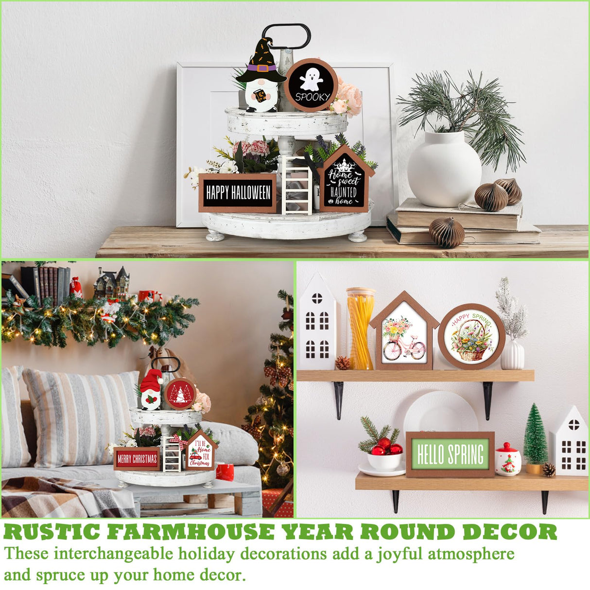 Lineshading 65 Pcs Christmas Farmhouse Tiered Tray Decor Set Interchangeable Round Seasonal Year Tray Decorations Holiday Rustic Wooden Frames Arch Ladders Cards Bow Knot for Kitchen Table Home Decor Lineshading