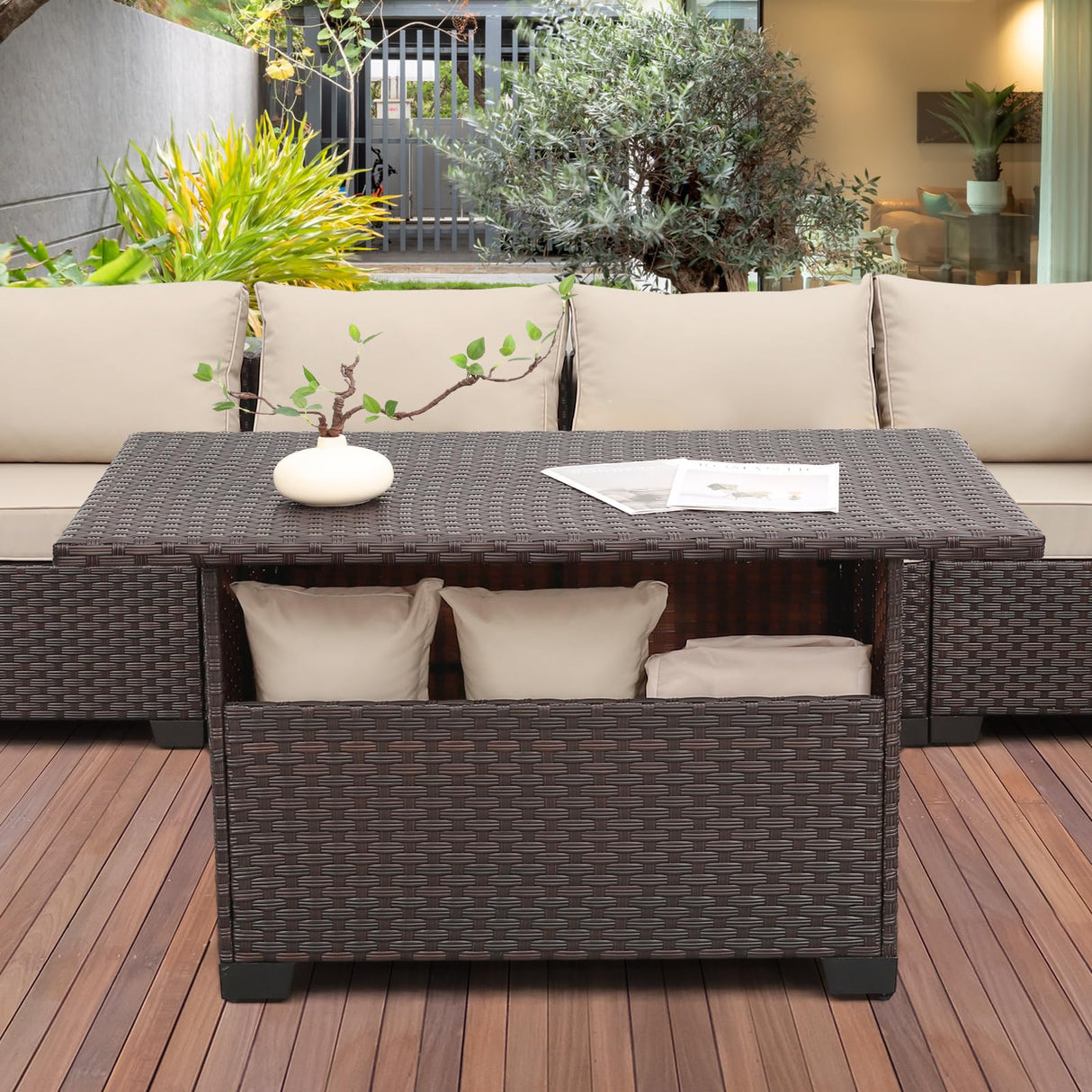 WAROOM Outdoor PE Wicker Coffee Table - Patio Rattan Garden Furniture Multi-Functional Storage Tea Dining Table, Dark Brown WAROOM