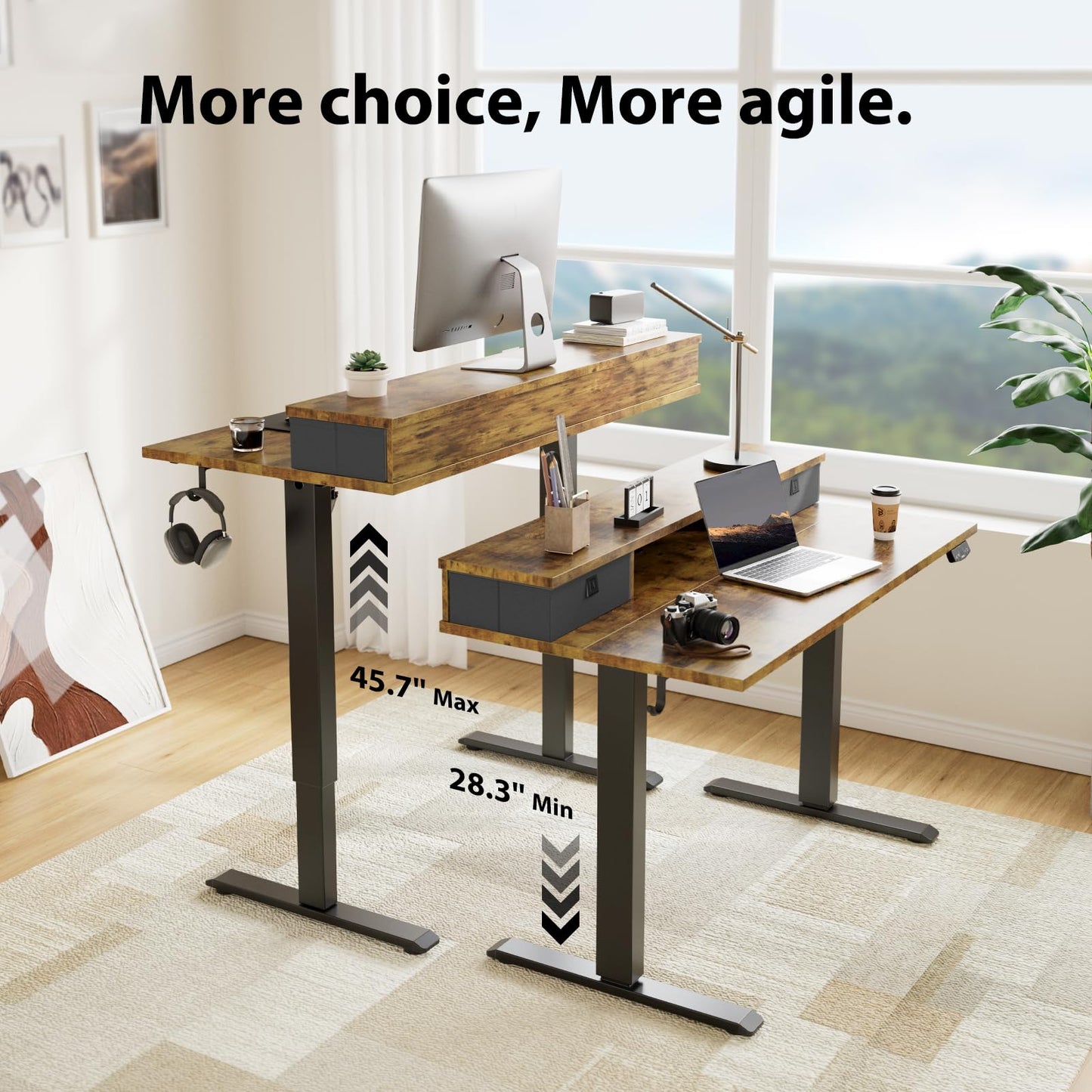 Agilestic 63 x 24 Inches Height Adjustable Electric Standing Desk with 2 Drawers, Stand Up Electric Desk Adjustable Height, Sit Stand Computer Gaming Table with Splice Board, Rustic Brown