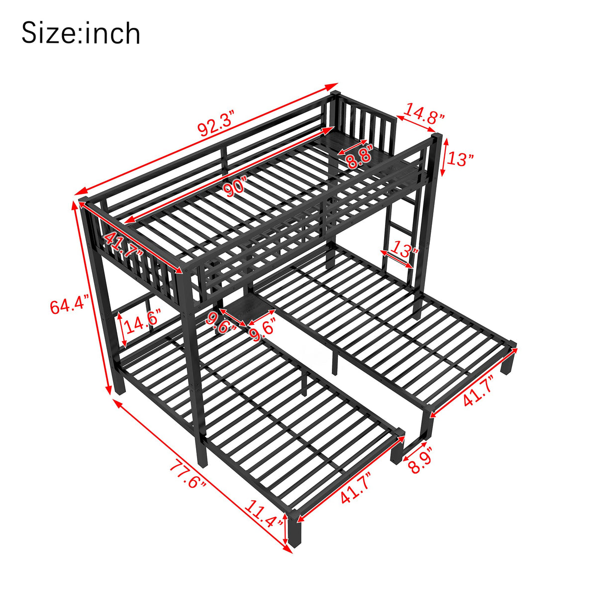 KEIKI Metal Triple Bunk Bed, Heavy Duty Twin XL Over Twin Over Twin Beds Frame w/Guardrails & Ladder, Detachable Kids BunkBed for 3, Girls Boys Teens Bedroom Loft Bed, No Box Spring Needed, Black KEIKI