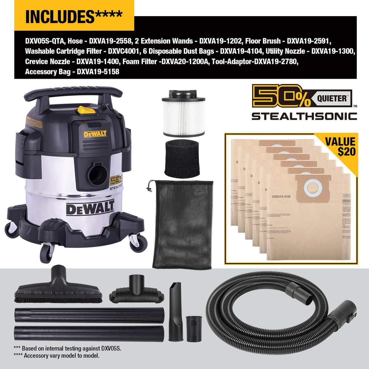 DEWALT 5 Gal Stealthsonic Shop Vacuum Wet and Dry, Ultra-Quiet Stainless Steel Shop Vac, 4 HP Heavy-Duty Vacuum Cleaner with Complete Accessory Kit and 6 Dust Bages for Home, Workshop, Garage, Car DEWALT
