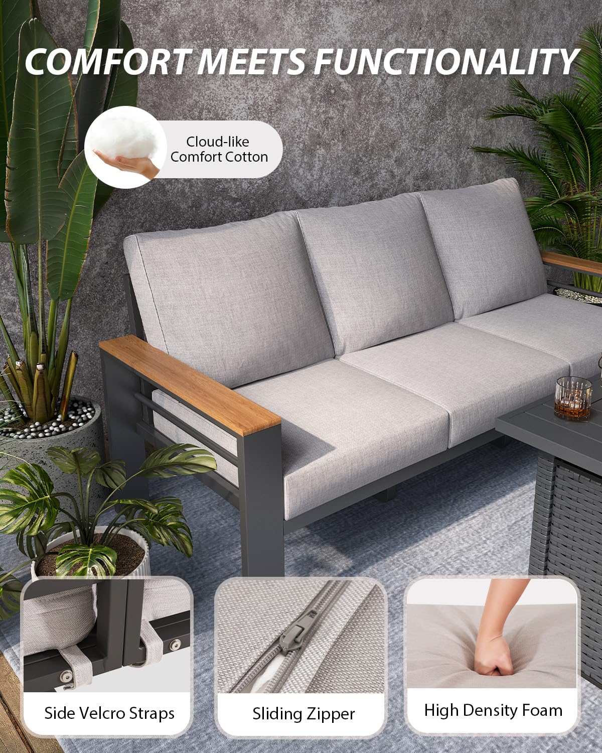 Aoxun Aluminum Outdoor Patio Furniture Set, 6-Piece Outdoor Sectional with 44'' Propane Gas Firepit Table, Patio Conversation Sets with Upgraded Armrests and Cushions for Backyard (Grey,5 Seats) Aoxun