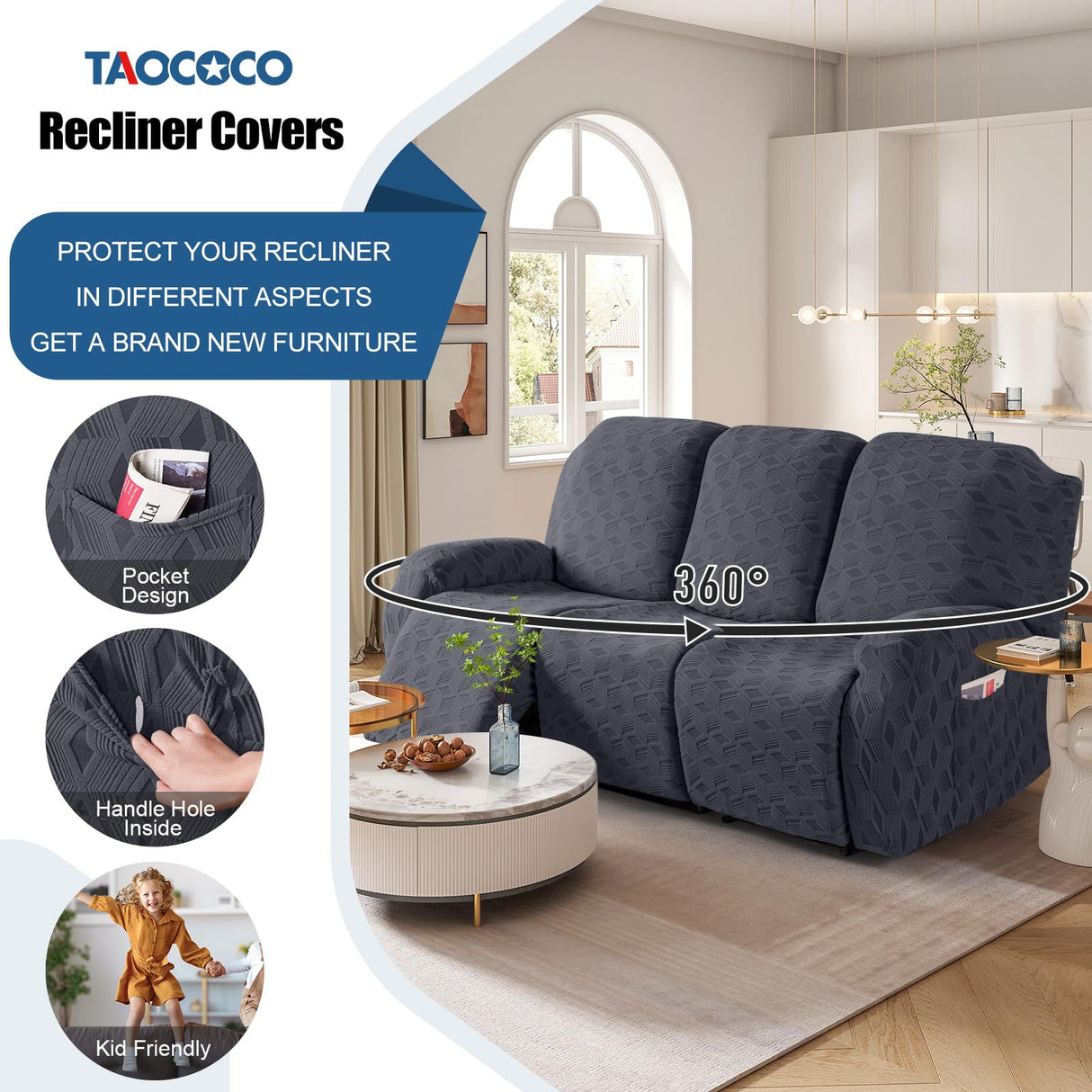 TAOCOCO Recliner Sofa Covers Stretch Reclining Couch Cover, Jacquard Recliner Couch Cover for 3 Seat Furniture Protector Sofa Slipcovers with Elastic Bottom for Kids, Pets (Dark Grey) TAOCOCO