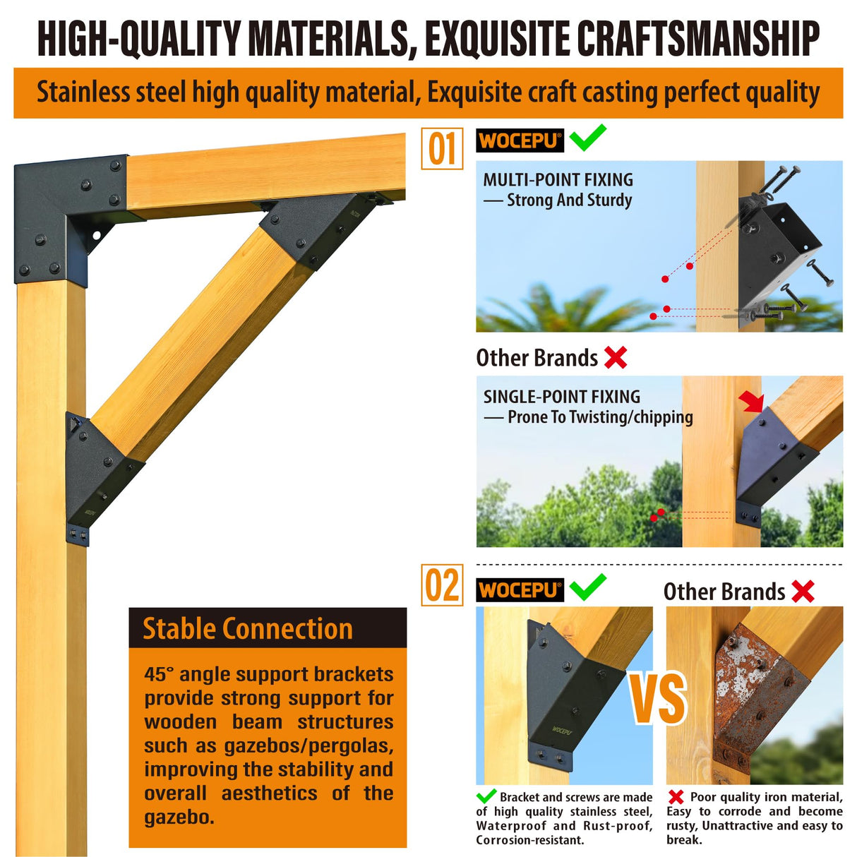 Wocepu 4pack 4x4 (Actual 3.5''x3.5'') Degree Angle Support Brackets, For Pergola, Gazebo, Deck Wood Frame Structures Provide Support 45° Degree Angle Bracket WOCEPU