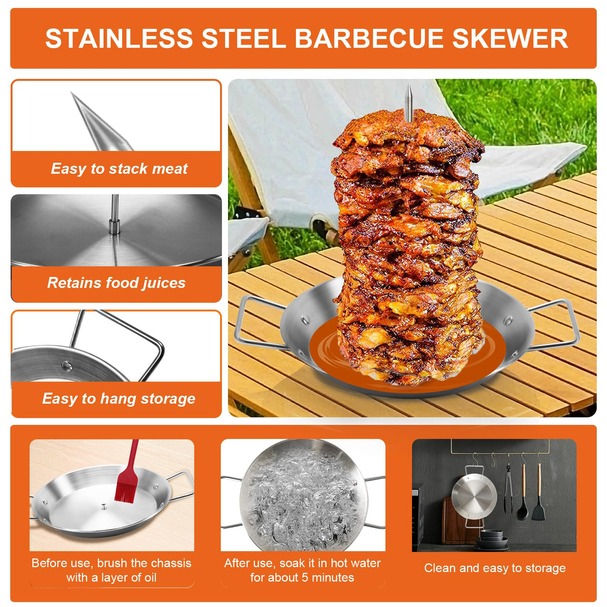 Al Pastor Skewer for Grill, Stainless Steel Vertical Skewer, Brazilian Vertical Spit Stand with 3 Removable Spikes(8”/10"/12”)& Brushes, for Tacos Al Pastor, Shawarma Kebabs Smoker Oven BBQ Dishes yaokvide