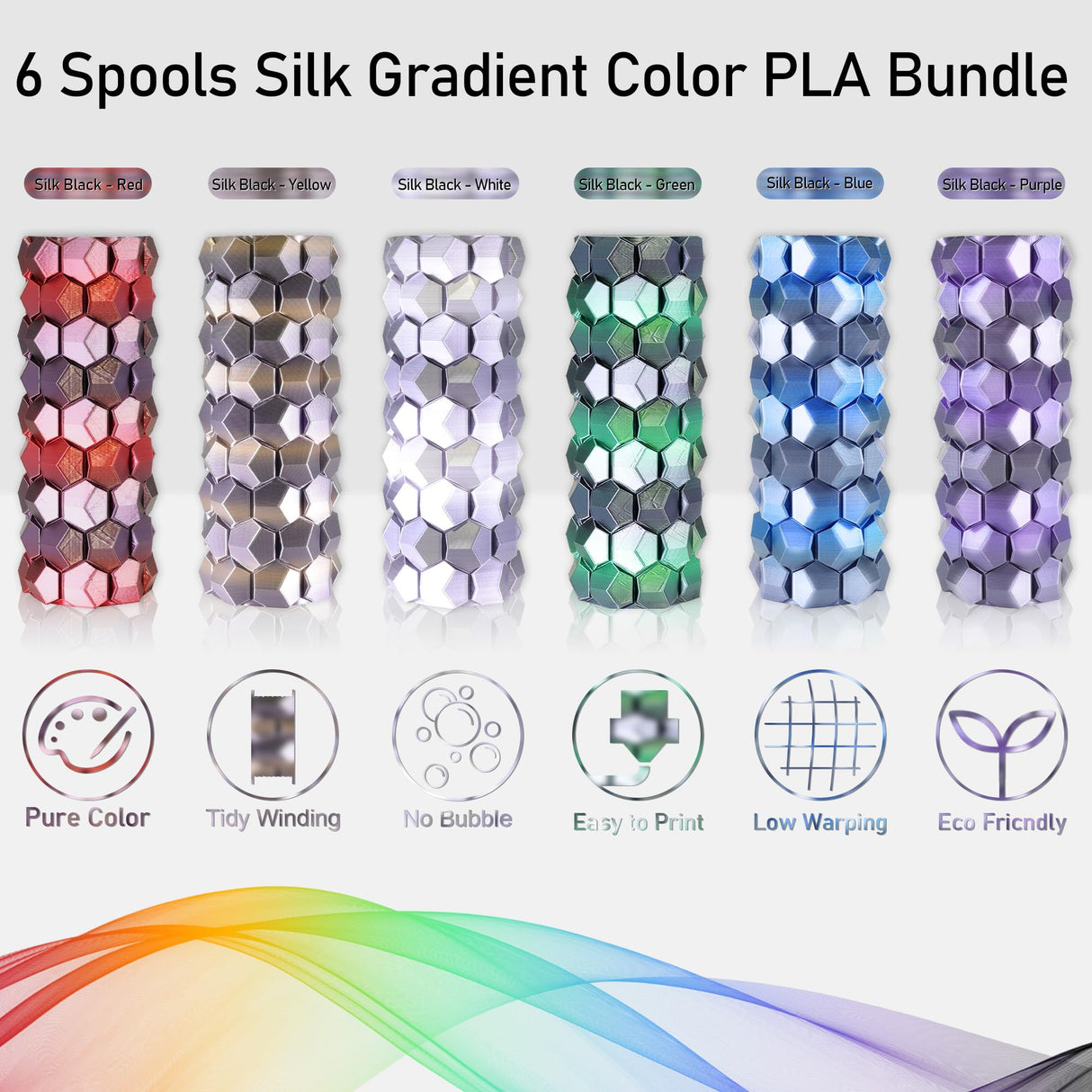 MIKA3D 6 Spools Fast 2 Color Change Silk PLA 3D Printer Filament Bundle, Silk Black Color Change to White/Red/Orange/Blue/Purple/Green, Each Spool 250g, Total 1.5kg Silk PLA Bundle 250g X 6 MIKA3D