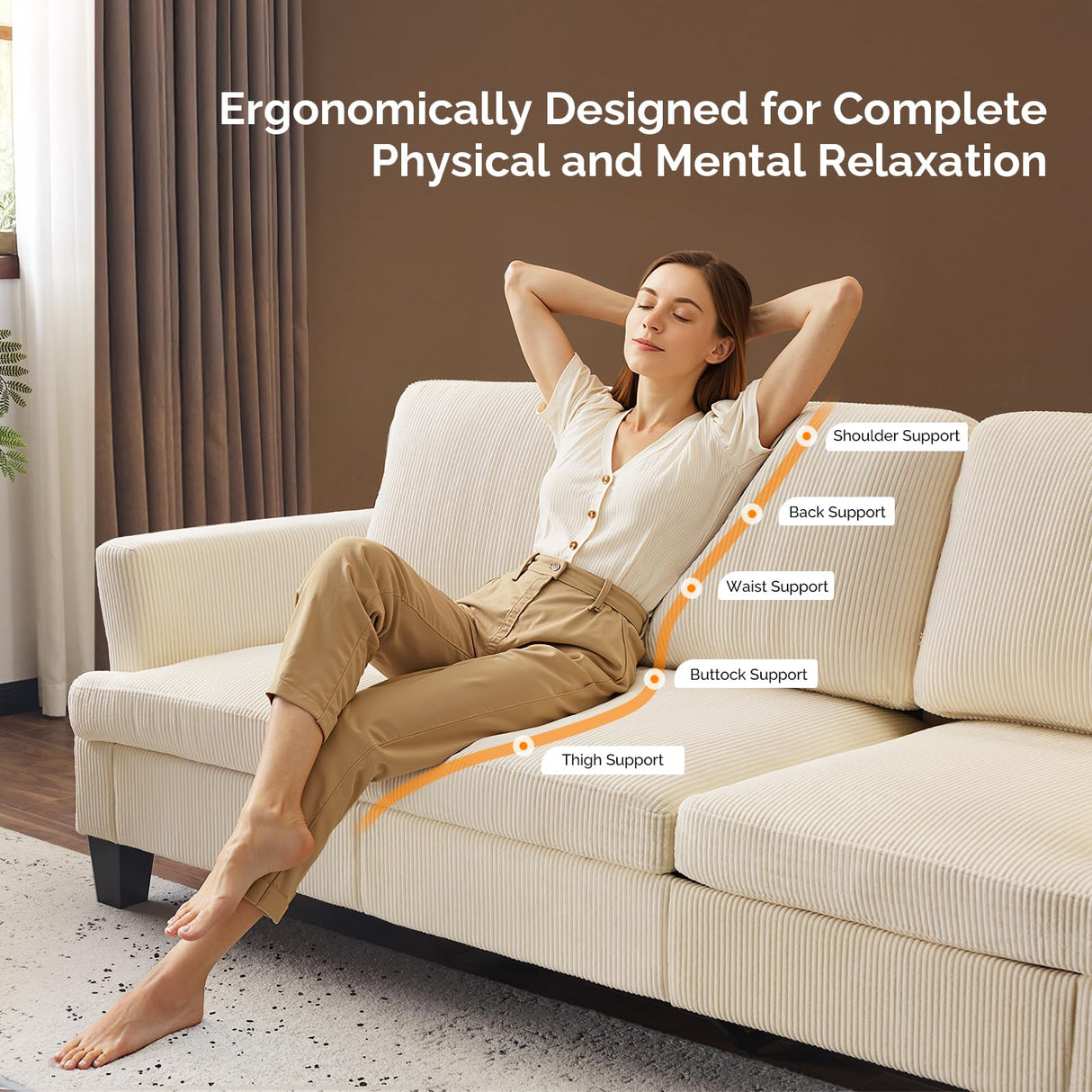 VINGLI Beige 83" Sofa Couches for Living Room, Corduroy Modern Comfy 3 Seater Couch 25.6" Deep Seat Upholstery Cozy Sofas for Small Space, Bedroom, Apartment, Home Office VINGLI