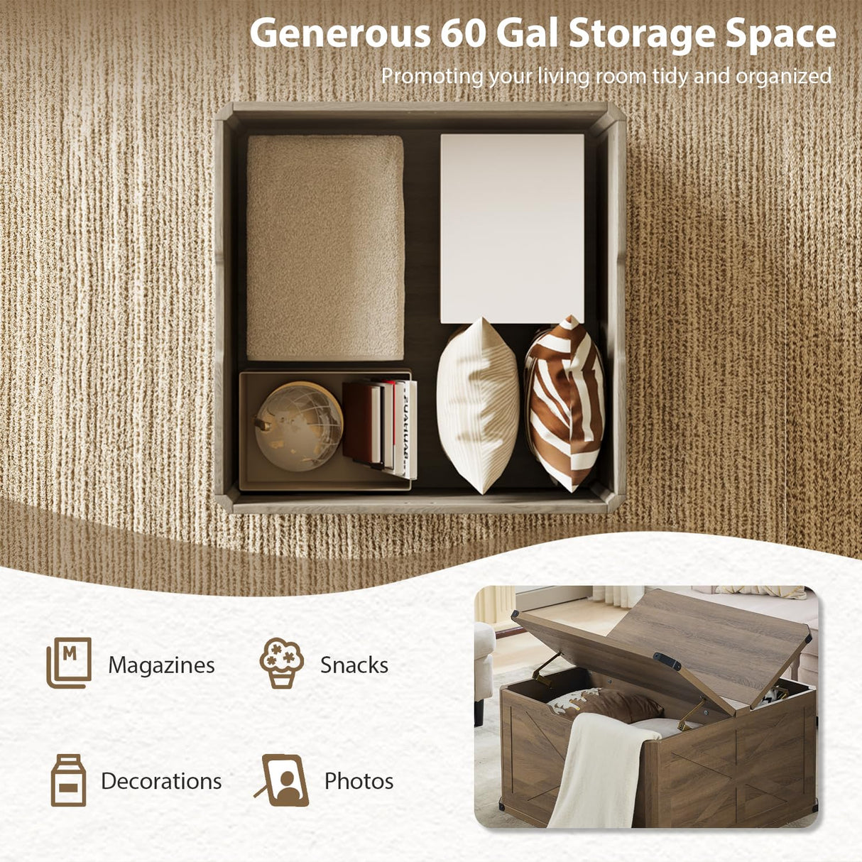 LINLUX Modern Farmhouse Coffee Table with Storage, Large Square Storage Coffee Tables, Rustic Wood Center Table with Flip-Top, Metal Corners, Brown LINLUX