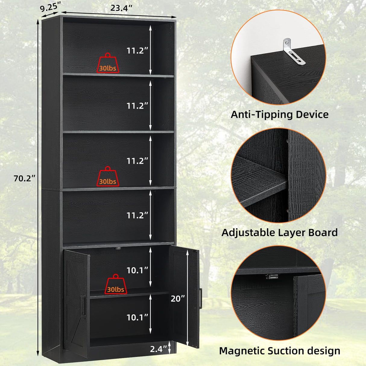 RWYHG 70in Tall Bookshelf 6 Tier Bookcase with Barn Doors and Adjustable Shelf, Black Farmhouse Book Shelves with Storage Cabinet,Wood Floor Standing Display Bookshelve for Bedroom,Living Room,Kitchen RWYHG