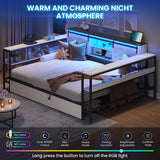 DICTAC Corner Full Bed Frame with Storage Drawers and Charging Station Farmhouse Metal Platform Bed Frame with Sliding Barn Doors and Led Lights Full Daybed with Storage Headboard,Black & White DICTAC