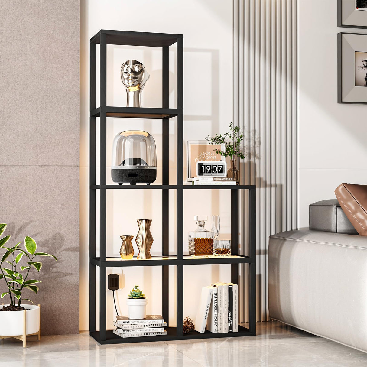 VILICK Display Shelf with LED Light Standing Floor Lamp with Glass Storage Shelves for Collectibles, 5 Tier Tall Corner Shelf Open Curio Cabinet for Living Room, Bedroom, Office, Home Decor VILICK