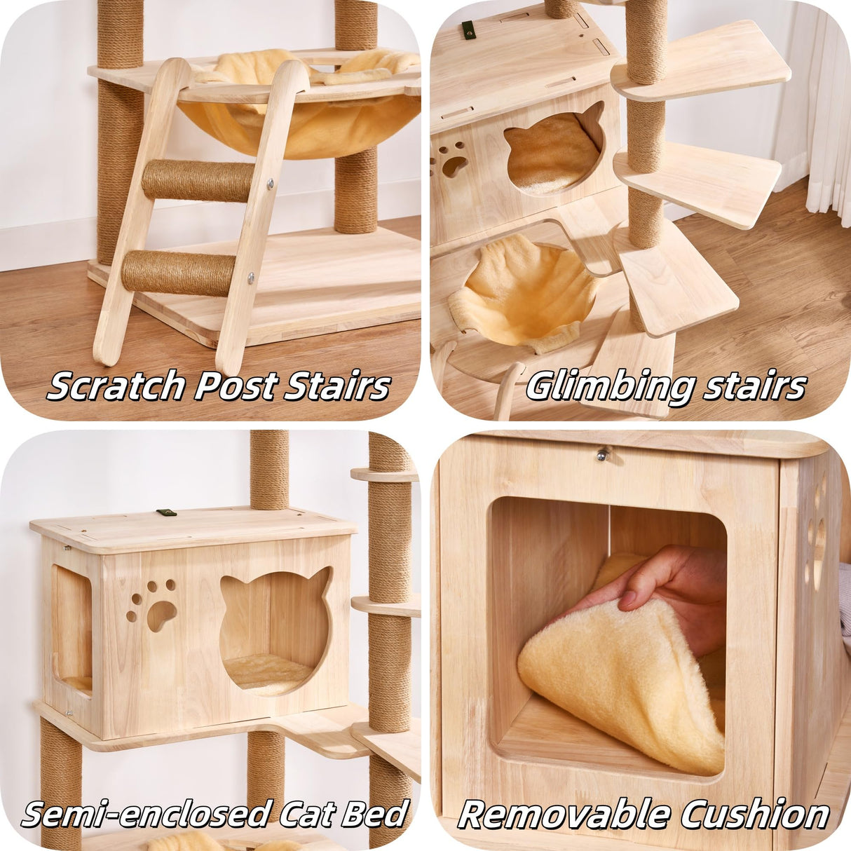 BEWISHOME Wood Cat Tree for Indoor Cats Large Adult, Cat Tower with 2 Hammocks,Sisal Scratching Post,Multi-Level,Washable Removable Cushions and Dangling Ballor Fun Play Cat Condo (Beige 62.2") MMJ61Y BEWISHOME