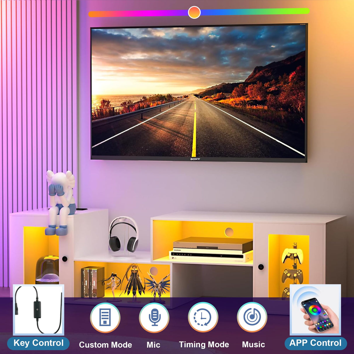 VECELO LED TV Stand for Televisions up to 70 Inchs Modern Entertainment Center with Storage Media Console with 23 Flashing Options and 4 Customizable Modes for Living Room, Bedroom VECELO