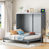 Ball & Cast Murphy Bed Full Size,Wall Beds with Charging Station and Storage Top,Slat Support,Wood Hideaway Cabinet Bedframe w/Leg,can be Folded,Space-Saving,for Small Room,Dorms,Gray Ball & Cast