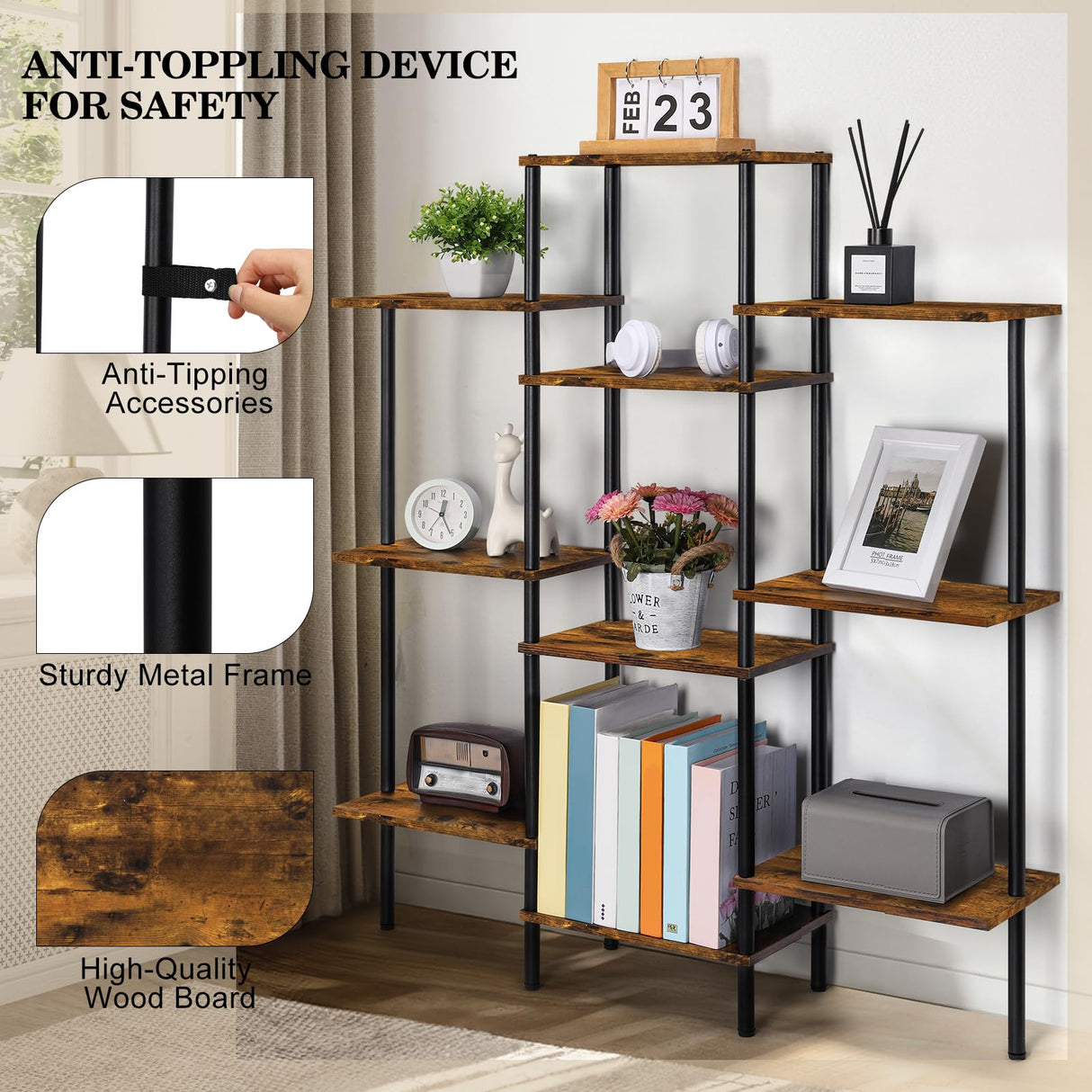 Shinoske 4-Tier Bookshelf,Small Triple Wide Bookcase for Books,CDs,Movies,Display Shelf with 10 Open Shelves for Living Room,Home Office,Balcony,Rustic Brown Shinoske