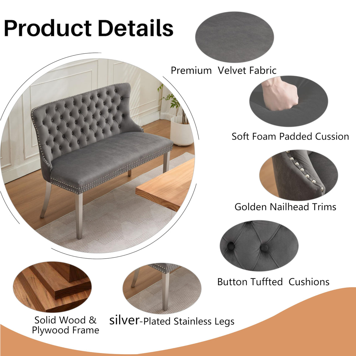 OIKIIWOO Upholstered Dining Bench with Back Tufted Settee Benches Small Loveseat Sofa Couch for Small Spaces,Entryway,Banquettee Seating Sofa Benches with Backrest (Grey+Silver Legs, Dining Bench) OIKIIWOO