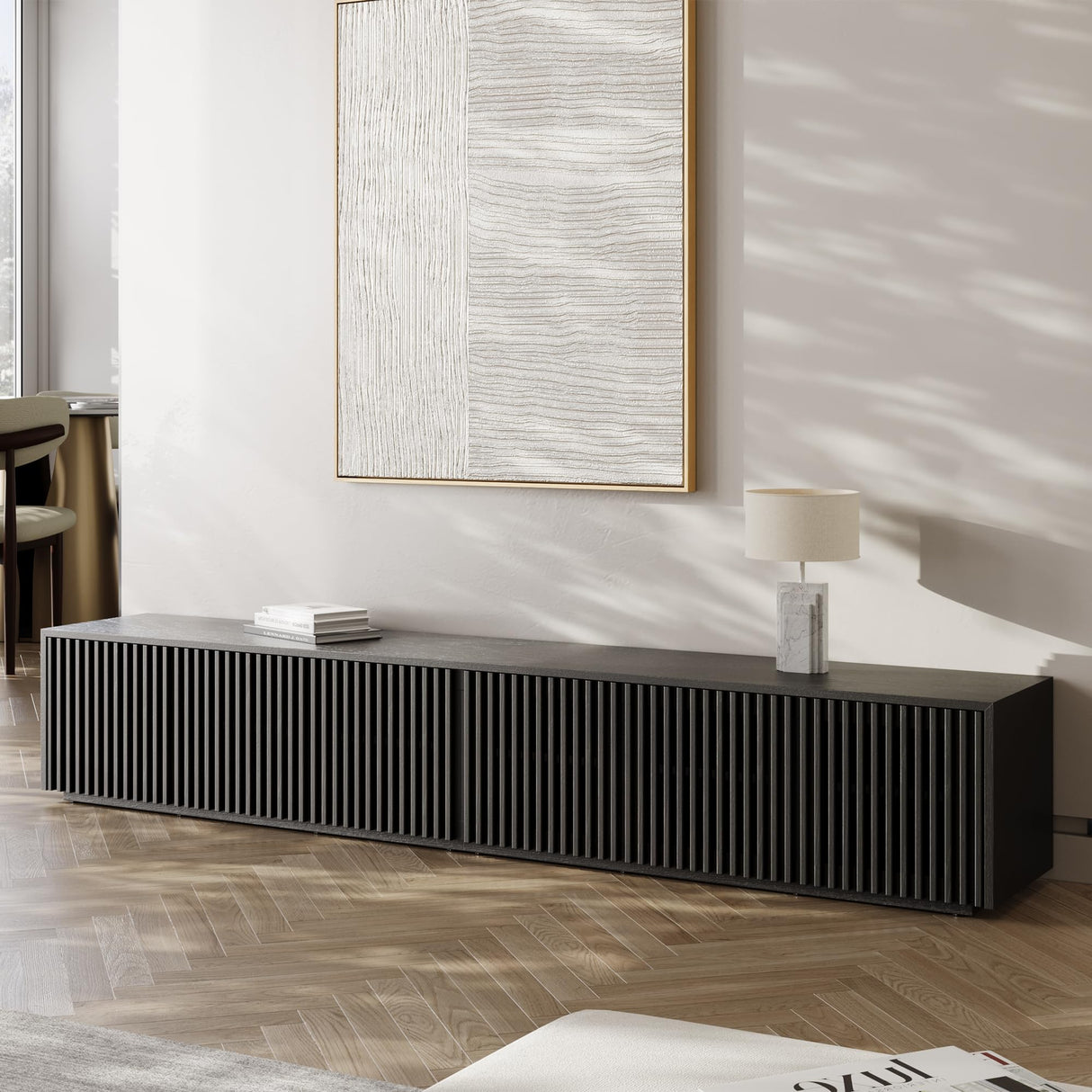 POVISON Modern Solid Wood TV Stand, Black Entertainment Center for 75+ inch TV, 95'' Media Console with Storage for Living Room Bedroom, Farmhouse Low TV Cabinet, Partial Assembly Required POVISON