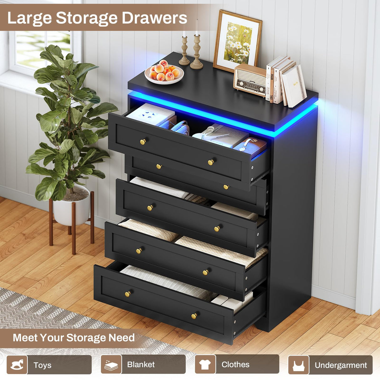 AOGLLATI Black Dresser for Bedroom,5 Drawer Dresser with Led Lights,Modern Led Tall Bedroom Dresser with Top Floating Design for Bedroom Hallway,Black AOGLLATI