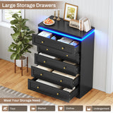 AOGLLATI Black Dresser for Bedroom,5 Drawer Dresser with Led Lights,Modern Led Tall Bedroom Dresser with Top Floating Design for Bedroom Hallway,Black AOGLLATI