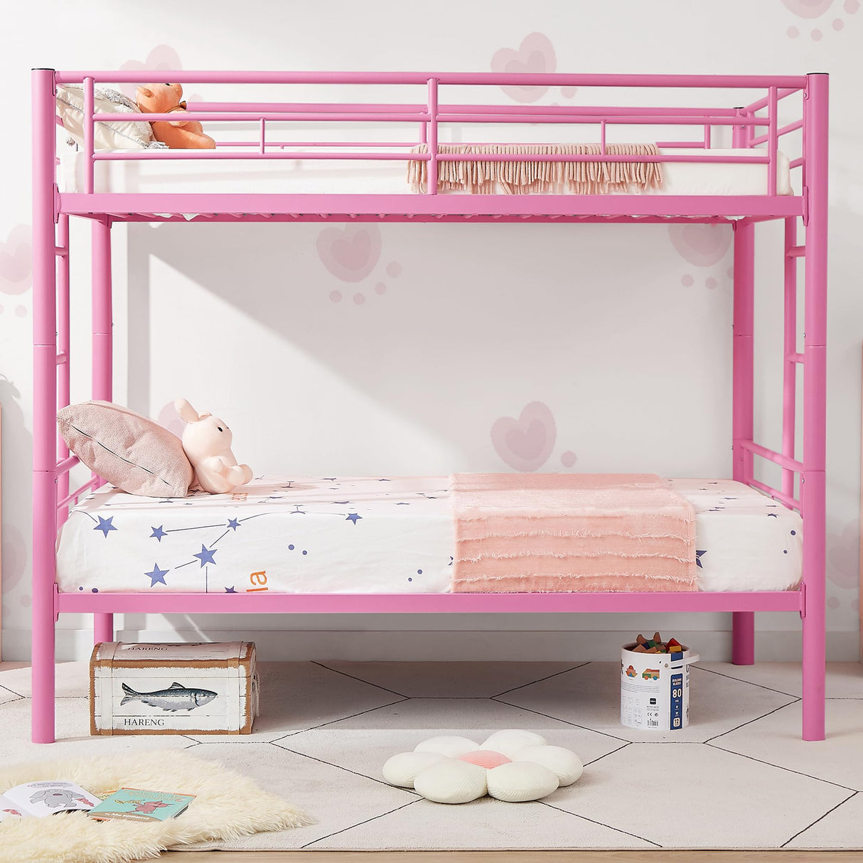 VECELO Metal Bunk Bed Twin Over Twin, Industrial Bunkbeds with Ladder and Full-Length Guardrail, Noise Free, No Boxing Spring Needed, Pink VECELO