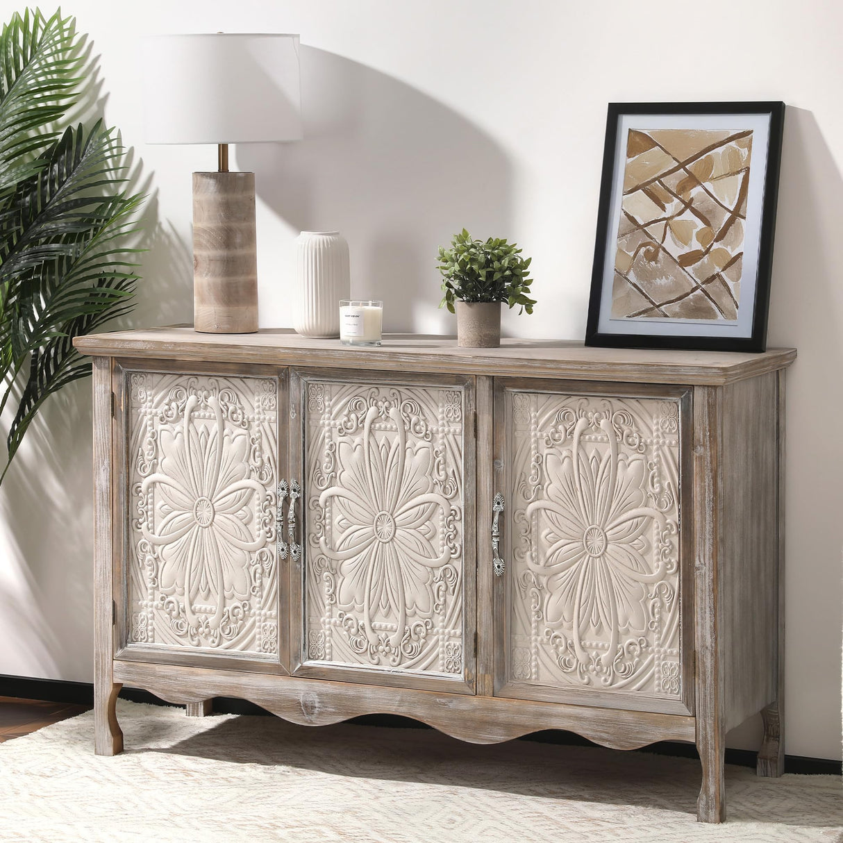 RoyalCraft Sideboard Buffet Cabinet with Storage,49'' Solid Wood Farmhouse Sideboard Credenza Accent Cabinet with 3 Craved Doors, TV Console Table for Entryway, Livng Room, Kitchen, Wash Grey RoyalCraft