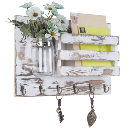 MyGift Whitewashed Wood Wall Mounted Key and Mail Organizer for Wall Rack with 6 Hooks and Decorative Mason Jar Vase