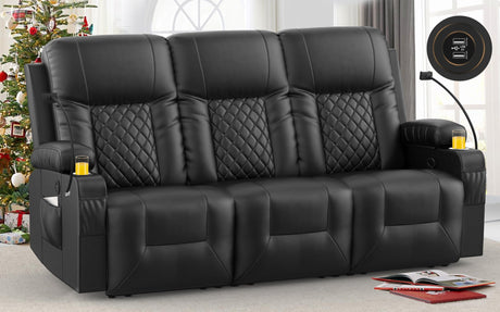 FURNIMAT Recliner Sofa, Reclining Sofa 3 Seats Dual Recliner, PU Leather Recliner Couch, Modern Recliner Chair for Living Room, with Cup Holder and 2 Cell Phone Holder, USB Ports, Black FURNIMAT