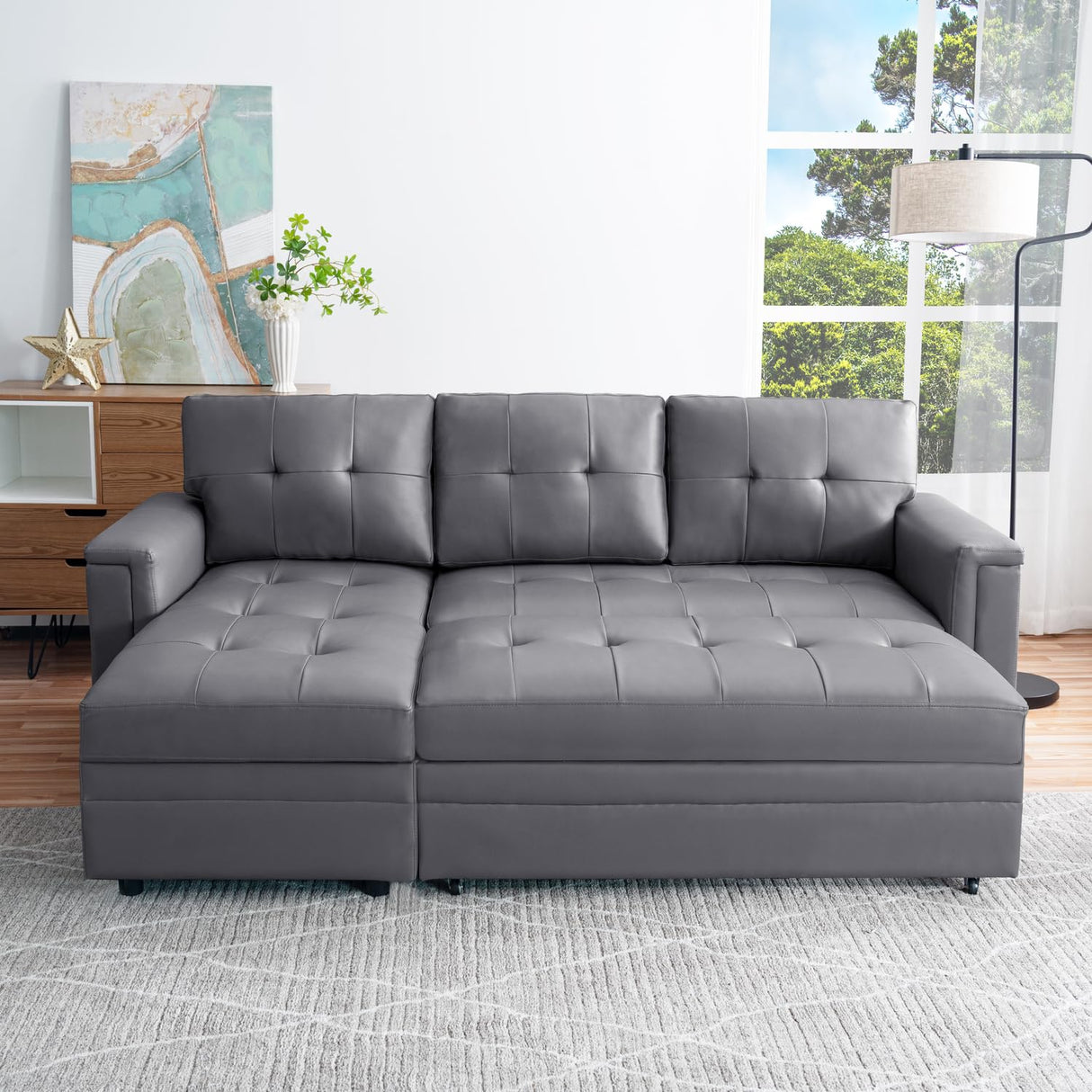 Naomi Home L-Shaped Sectional Sleeper Sofa with USB Ports - Convertible Pull-Out Bed, Ample Storage, Timeless Design, Durable Construction, Gray/Air Leather Naomi Home