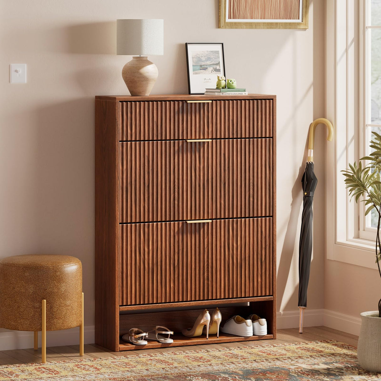 Evermagin 31.5''W Walnut Shoe Cabinet Storage with Drawer for Entryway, Fluted Slim Shoe Dresser with 2 Flip Drawers, Narrow Shoe Rack Cabinet, Hidden Shoe Organizer Cabinet for Entrance, Hallway Evermagin