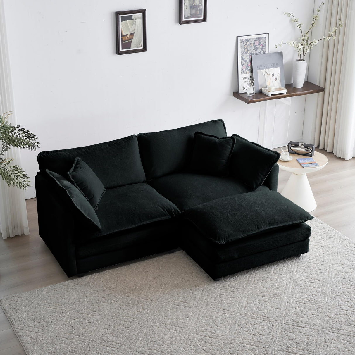 GNIXUU Deep Seat Sectional Sofa, Comfy Cloud Couch Loveseat with Ottoman, 76.7" Modern Chenille Upholstered Modular Sofa L Shaped Couch for Living Room, Apartment, Studio, Office(Black). GNIXUU