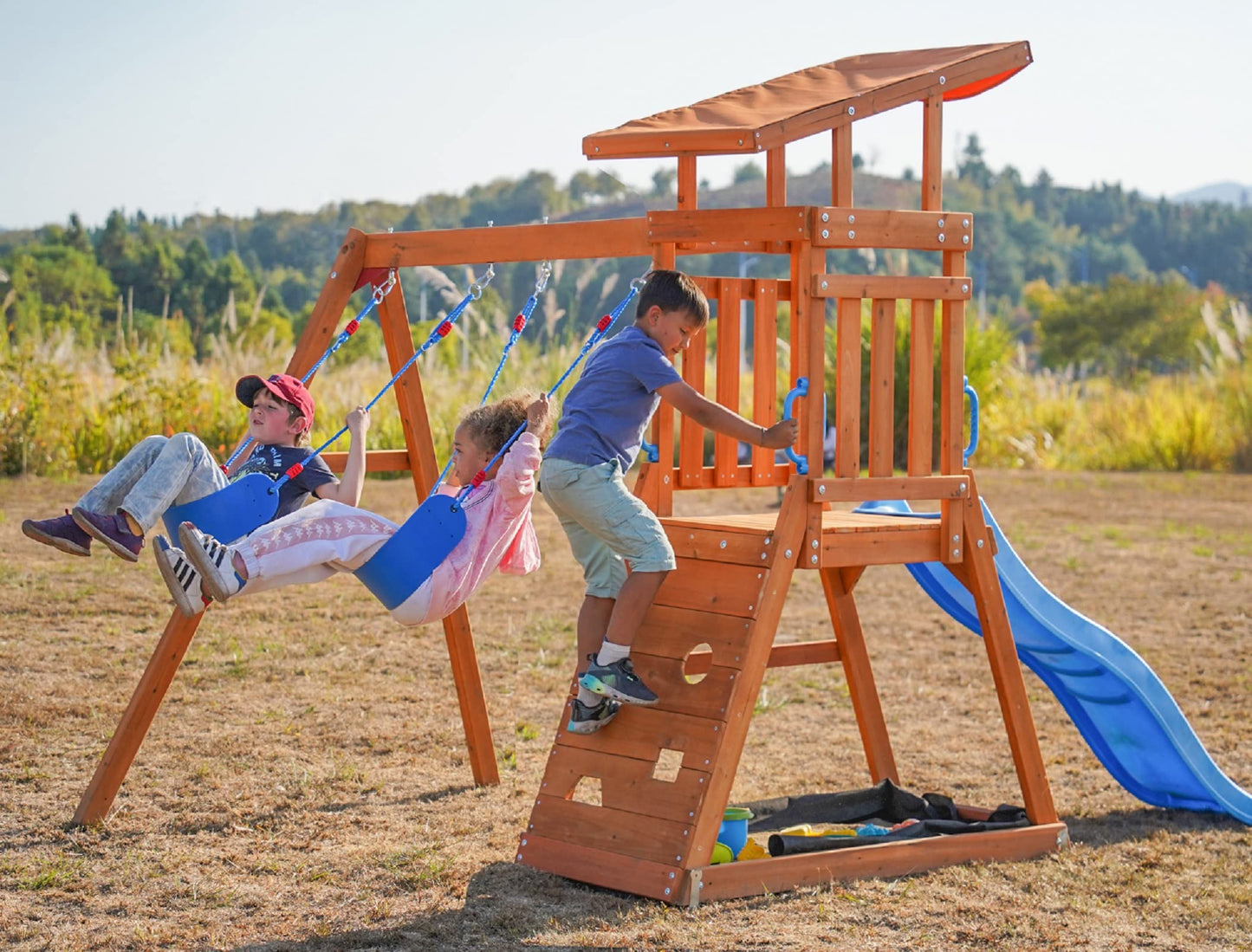 Dolphin Playground Wooden Swing Sets for Backyard, Outdoor Playset with Slide, Sand Box, Climbing Wall, and 2 Belt Swings, Playground Sets for Backyards, Young Kids Outdoor Play Equipment, Ag - WoodArtSupply