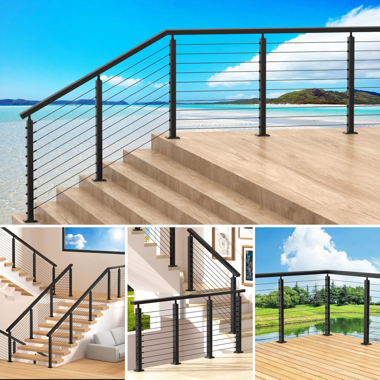 CKE 10-15ft Complete Set 36" Cable Railing Post Kit, 3Pack Adjustable Top Level Drilled Line Posts(35"x2"x2"), 220ft 1/8" Wire Rope, Black Swageless Invisible Cable Railing Kit (No Handrail) LPS01 CKE