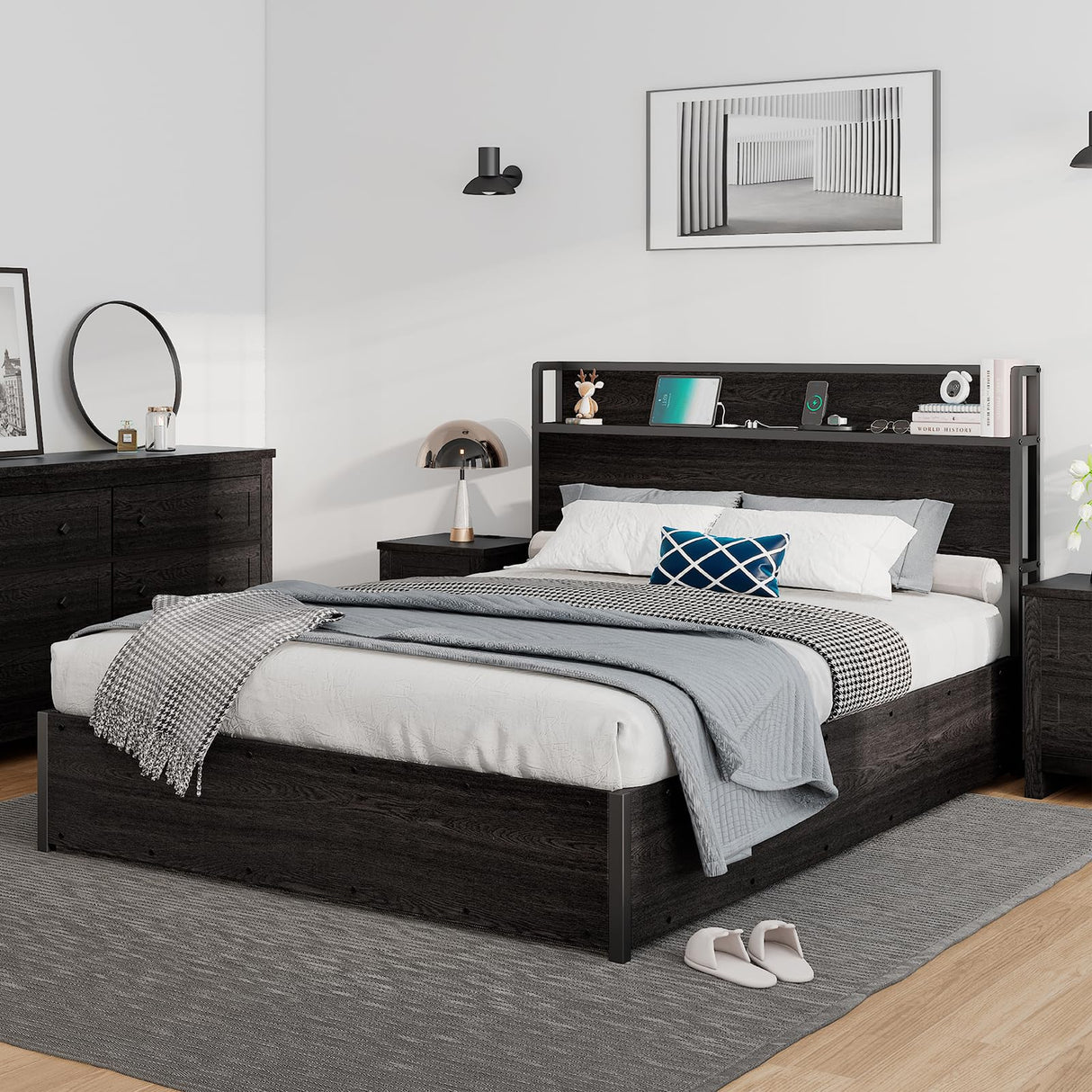 LUXOAK Queen Size Black Lift Up Storage Bed with Charging Headboard and Easy Assembly LUXOAK