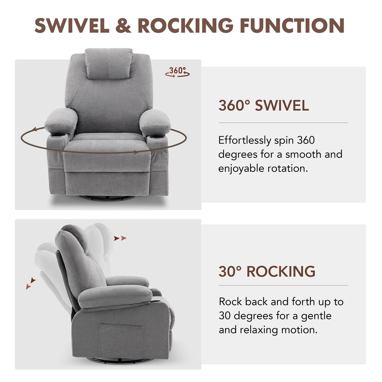 Weture Swivel Rocker Recliner Chair with Heat and Massage, 360 Degree Swivel Recliner Chair with Cup Holders and USB Port, Big Oversized Rocking Single Sofa for Living Room (Fabric, Grey) Weture