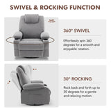 Weture Swivel Rocker Recliner Chair with Heat and Massage, 360 Degree Swivel Recliner Chair with Cup Holders and USB Port, Big Oversized Rocking Single Sofa for Living Room (Fabric, Grey) Weture