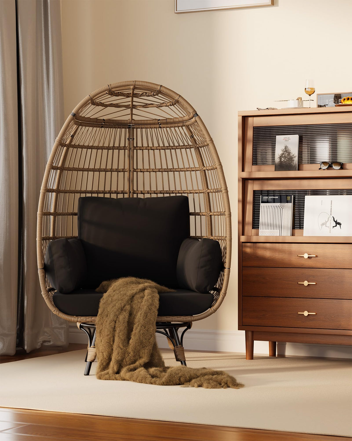 GarveeLife Oversize 360°Swivel Egg Chair Patio Rotating Rattan Egg Basket Lounge Chair, Wicker Egg-Shaped Chair w/Steel Frame Stand and 4 Cushions for Patio, Porch, Backyard, Living Room, Black GarveeLife