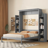 Merax Queen Size Wood Modern Murphy Bed with 2 Five-Layer Cabinet, Wall Bed with Shelves and LED Lights, Foldable Platform Bed Folded into Cabinet for Guest Room, Home and Office, Grey Merax