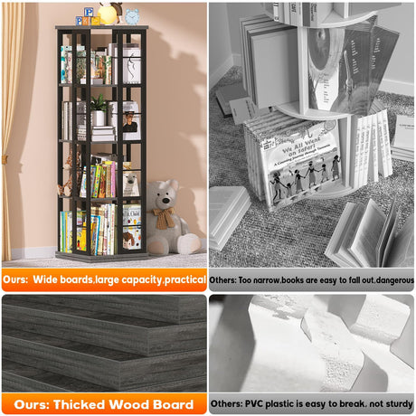 Aheaplus 360° Rotating Corner Bookshelf in Grey Oak - Stylish Space-Saving Bookcase for Small Areas Aheaplus