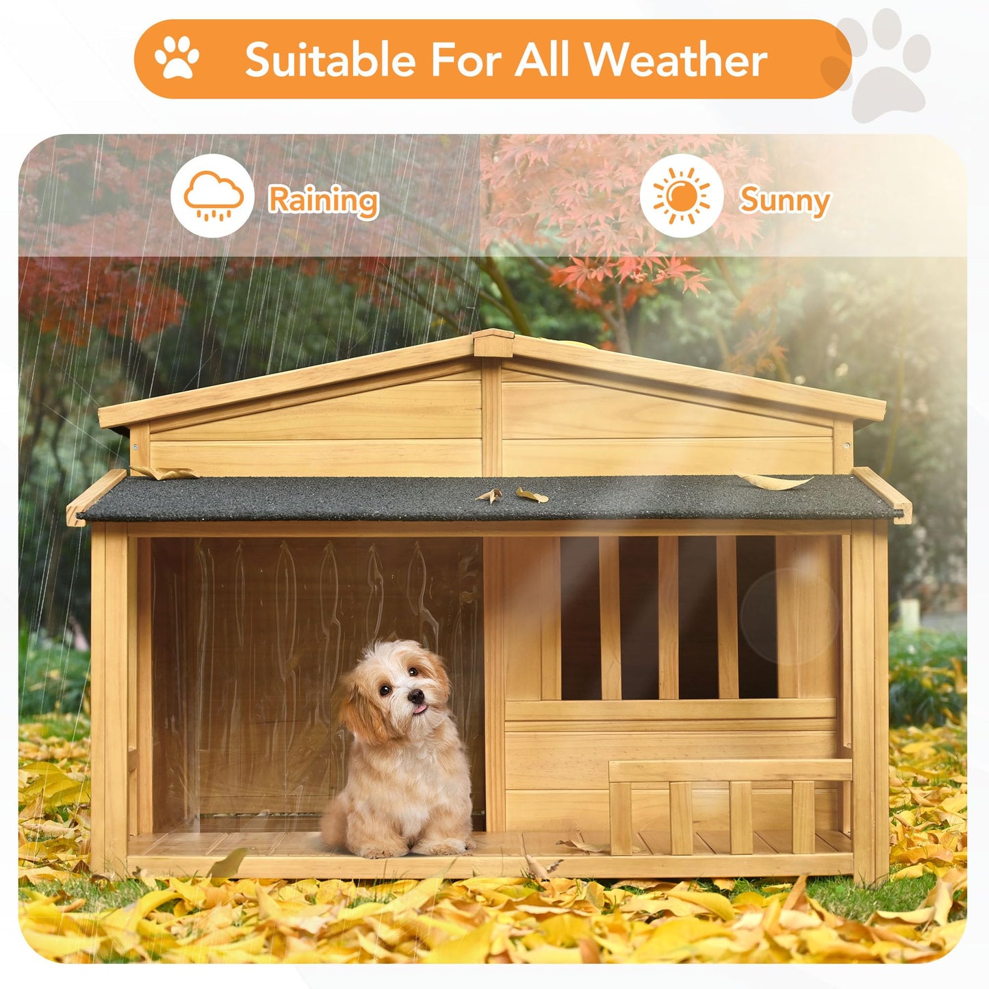 LUSPAZ 47.2 Inch Wooden Dog House, Outdoor and Indoor Dog Crate, Pet Kennel with Porch, Solid Wood, Weatherproof, Medium, Nature