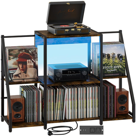 HavenlyYouth Record Player Stand, Vinyl Record Holder Up to 300 Albums, Large Player Table with Power Outlet and LED Light, Vintage Storage Rack for Magazine, Book, Files, Albums HavenlyYouth