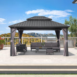 PURPLE LEAF 12' X 14' Hardtop Gazebo Patio Hardtop Gazebo with Heavy Duty Galvanized Steel Double Roof for Patio Lawn Garden, Netting and Curtains Included, Grey PURPLE LEAF