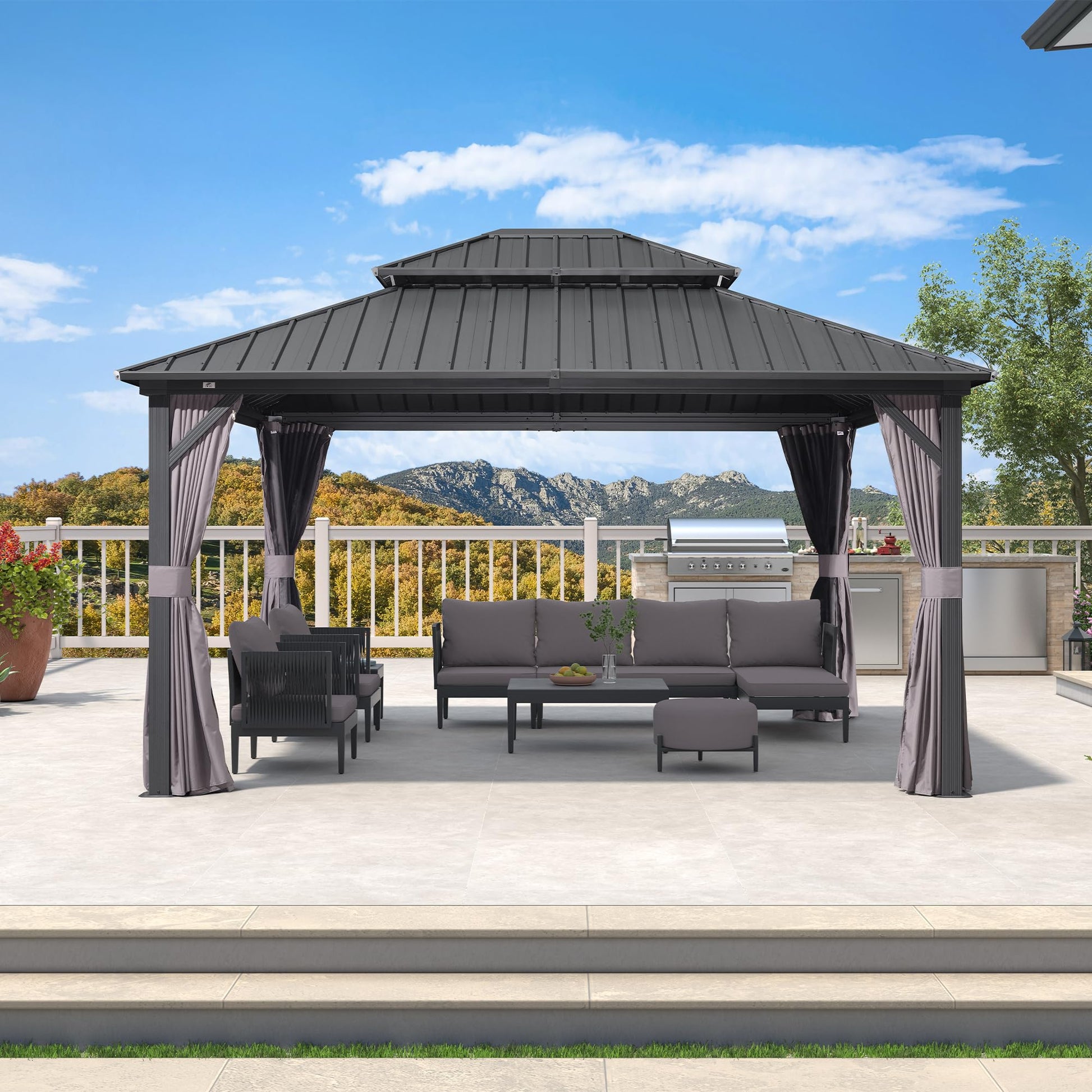 PURPLE LEAF 12' X 14' Hardtop Gazebo Patio Hardtop Gazebo with Heavy Duty Galvanized Steel Double Roof for Patio Lawn Garden, Netting and Curtains Included, Grey - WoodArtSupply