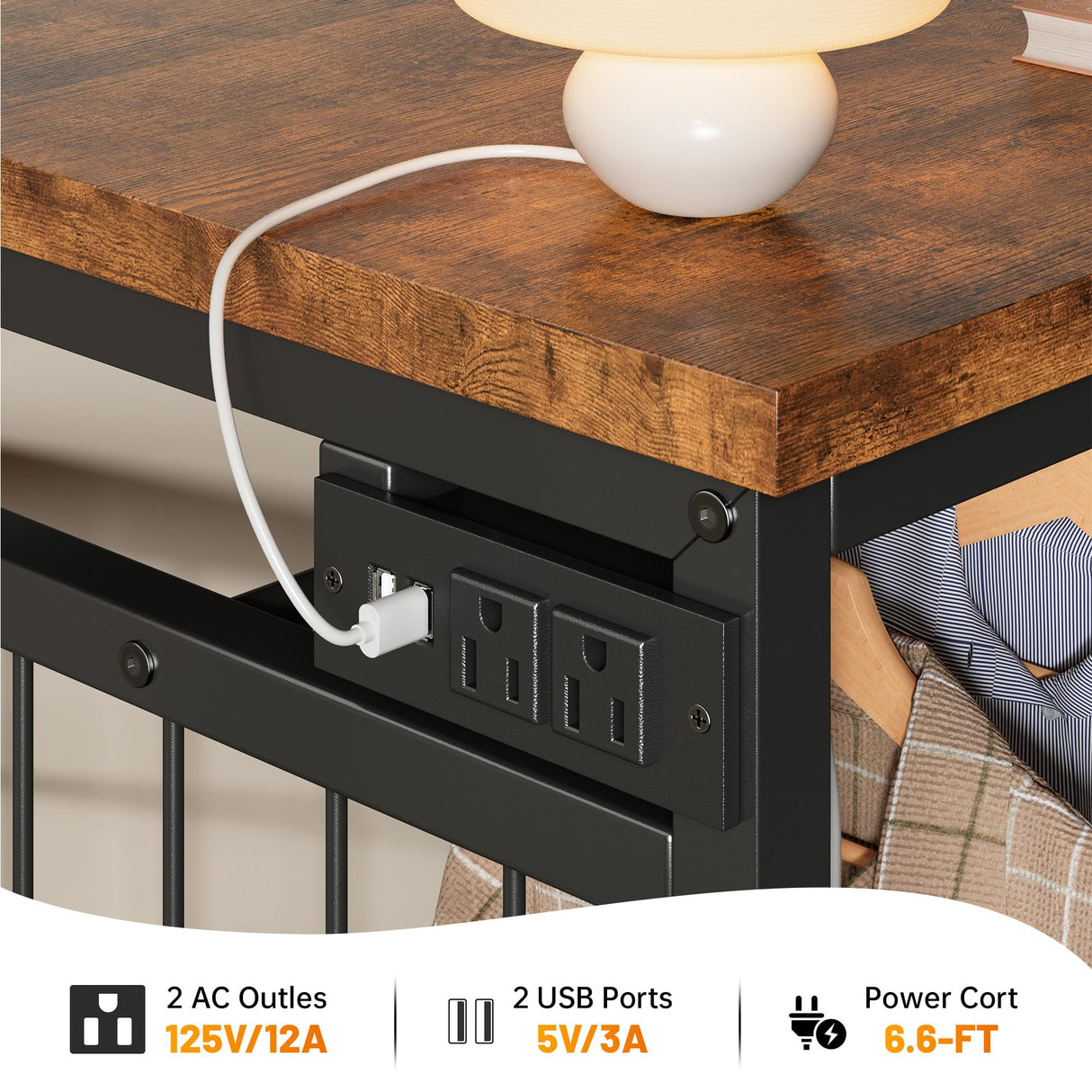 EnHomee 49.2" W Dresser with Hanging Rack & 6 Fabric Drawers – Wooden Top Organize Unit Featuring LED Lights, Charging Station & Grid Panel for Bedroom, Rustic Brown EnHomee