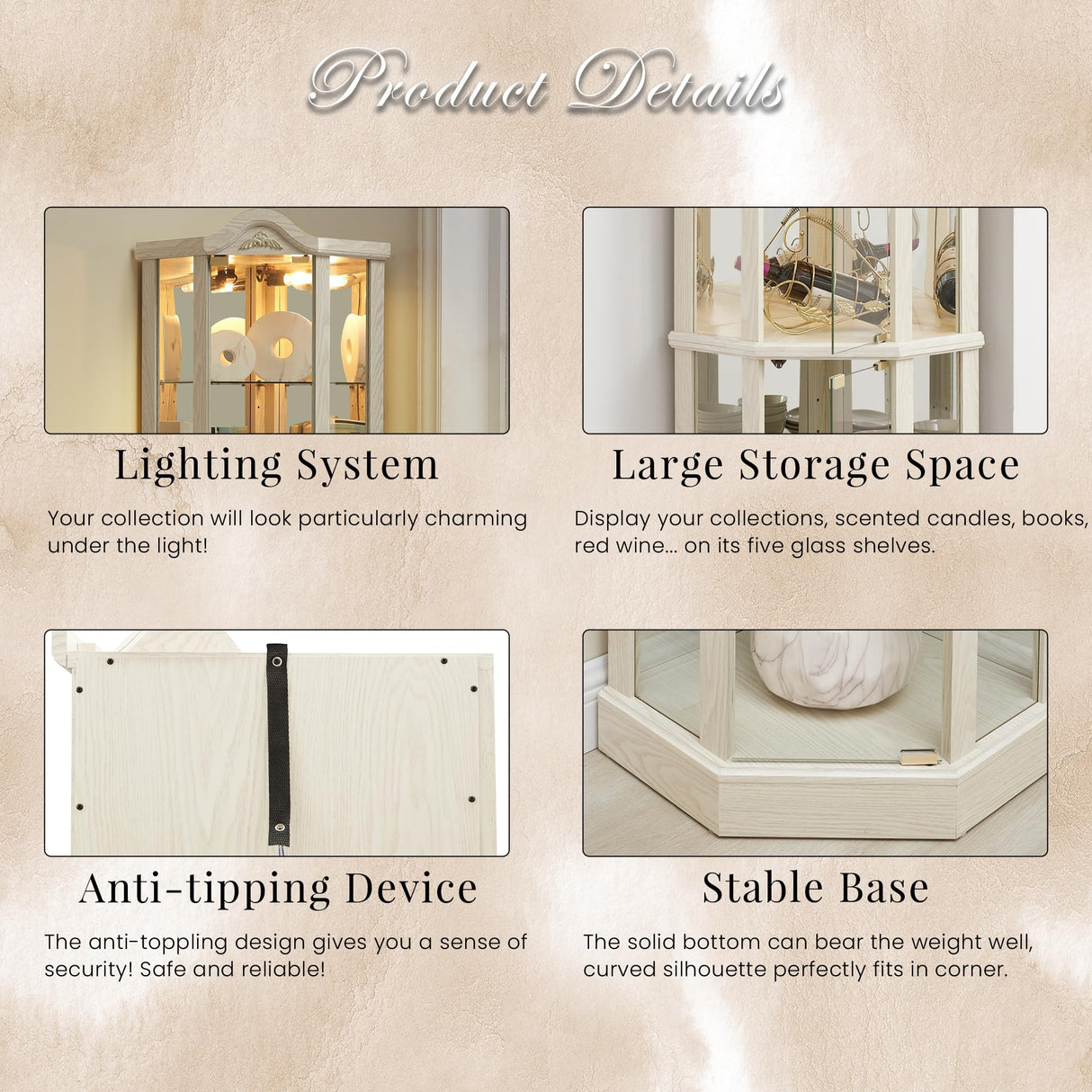 CKEASEAN 72" H Lighted Curio Cabinet with Light Blub, Glass Display Cabinet with 6 Adjustable Shelves, Tempered Glass Doors, Corner Wine Cabinet Storage Rack for Bar and Liquor Storage (White) CKEASEAN