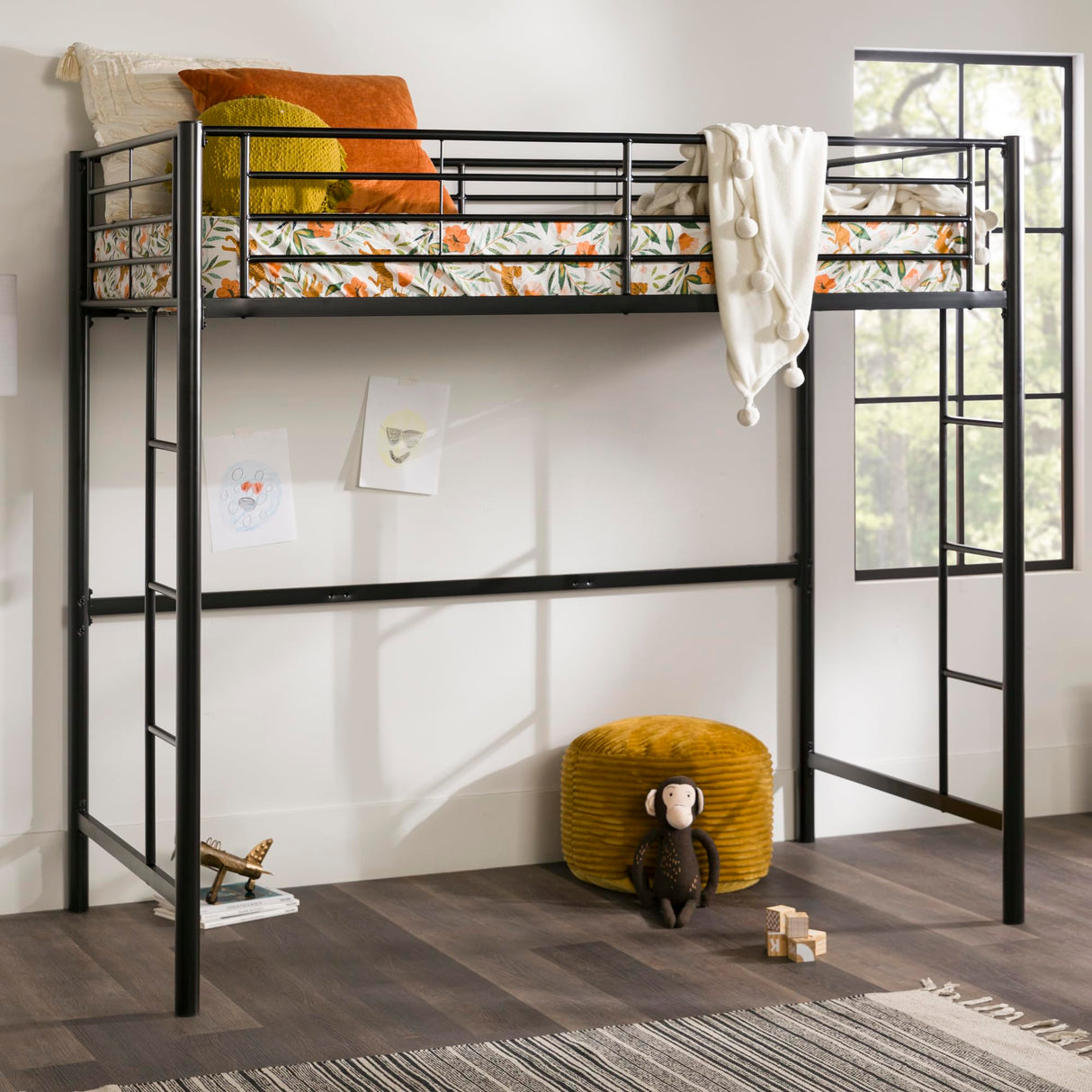 Walker Edison Timothee Urban Industrial Metal Twin over Loft Bunk Bed, Twin Size, Black Walker Edison