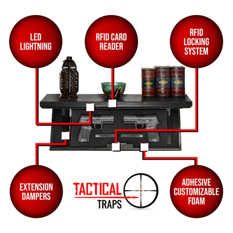 Tactical Traps Patriot 35S Compact Gun Shelf with Trap Door | Compact Firearm Storage with RFID Lock | Easy Installation | Secure & Safe Compartment | 22 ½ ” X 10 ¼” X 4” - Ebony Tactical Traps