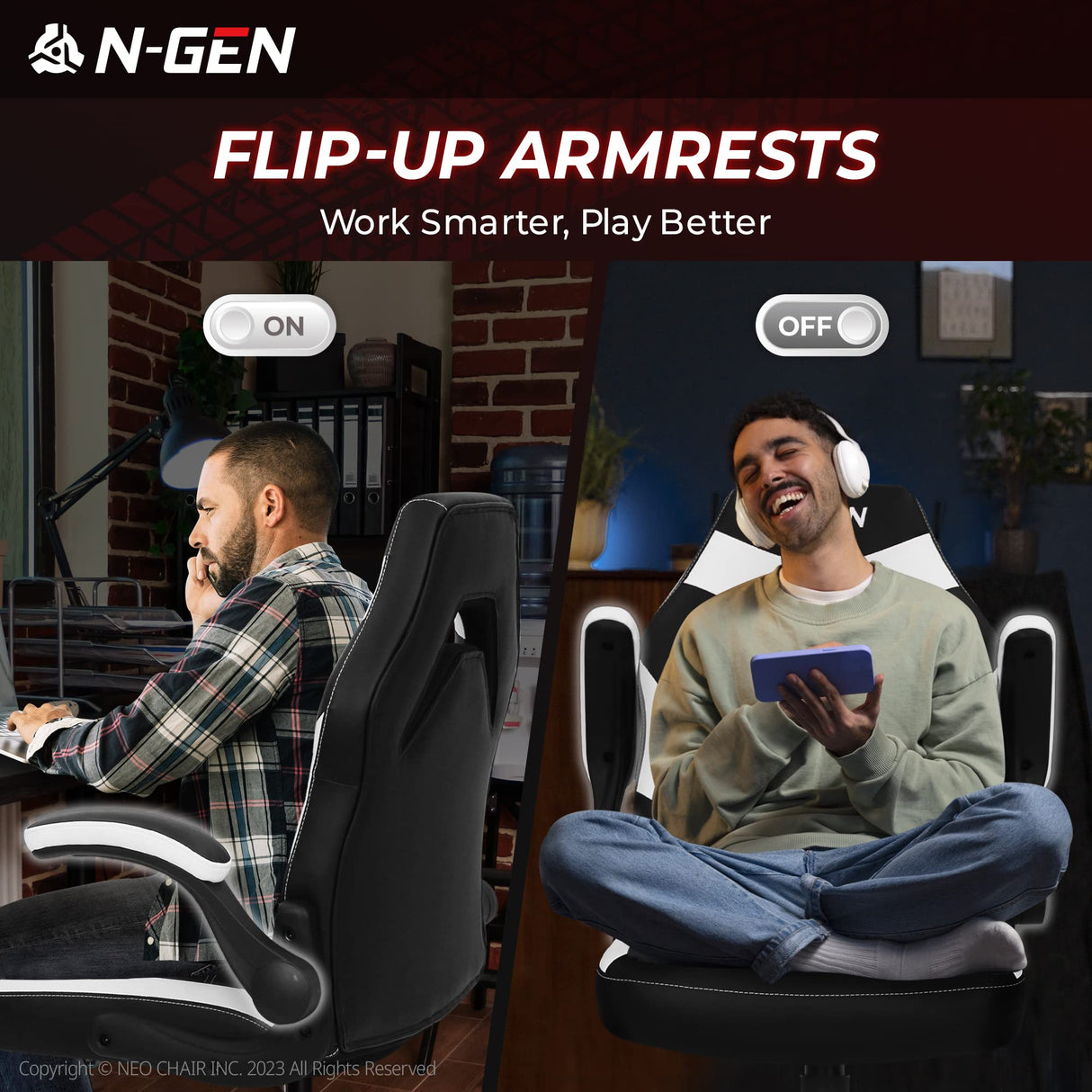 N-GEN Video Gaming Computer Chair Ergonomic Office Chair Desk Chair with Lumbar Support Flip Up Arms Adjustable Height Swivel PU Leather Executive with Wheels for Adults Women Men (White) NEO CHAIR