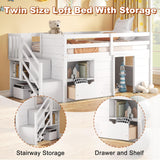 Osparple Twin Size Low Loft Bed, Kids Bed Frame with Shelf, Drawer and Stairs for Girls, Boys, Loft Bed with Storage, Strong Wood Slats Support, White Osparple