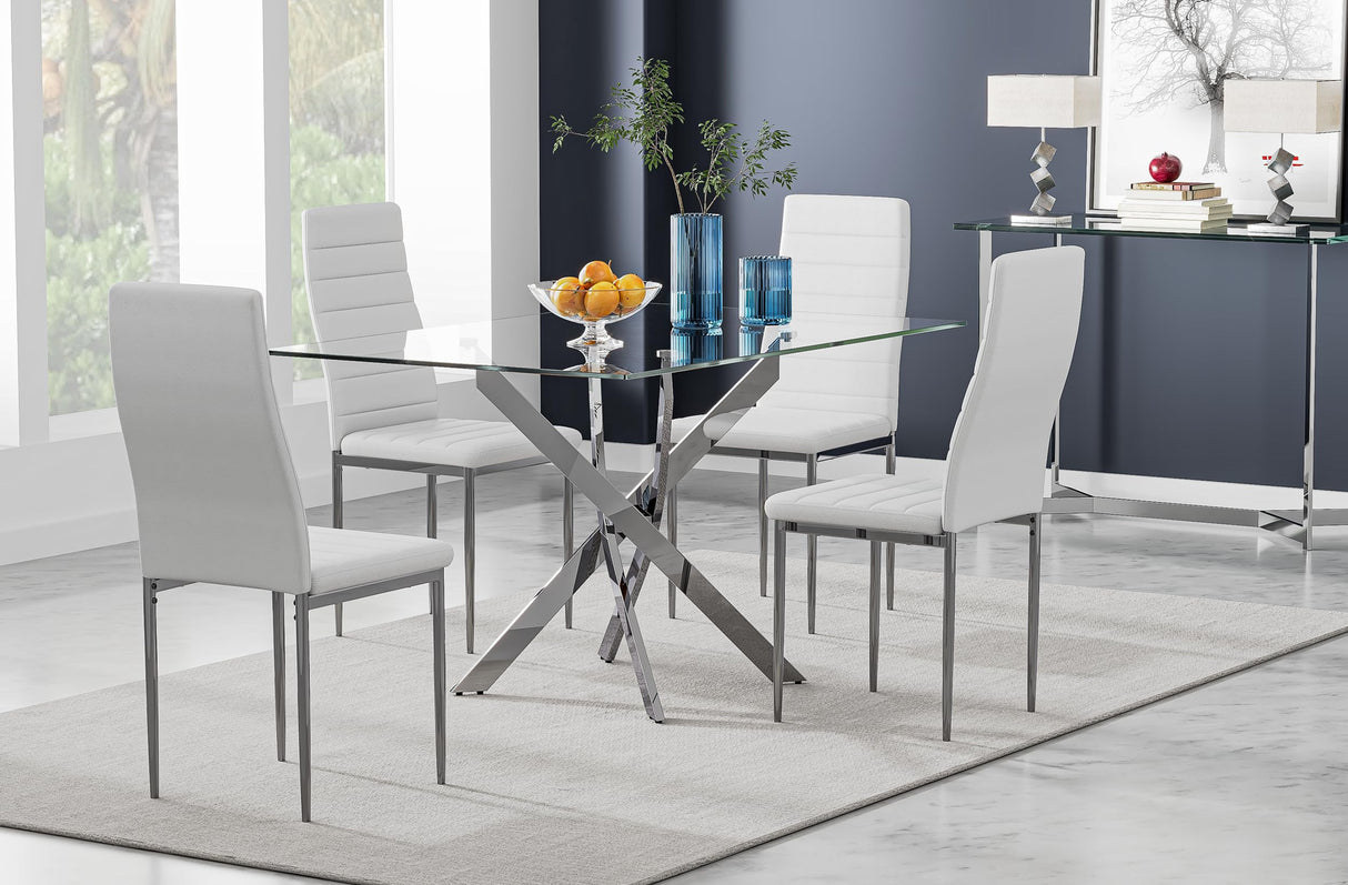 NIERN 5 Piece Dining Table Table Set, Tempered Glass Dining Table Set for 4 Kitchen Table Set with 4 Upholstered Chairs for Kitchen Dining Room (Sliver Table with White Chair) NIERN